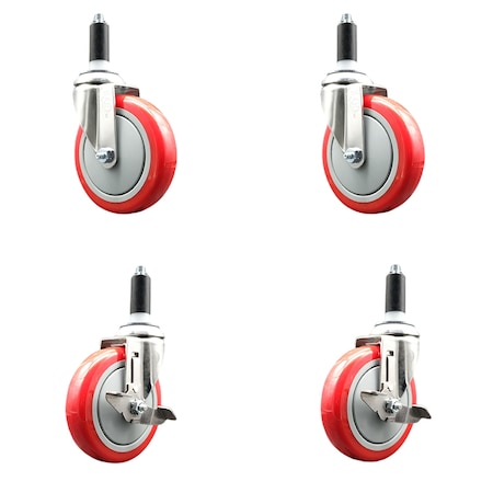 Service Caster 5 Inch 316SS Red Poly Swivel 1-1/8 Inch Expanding Stem Caster Brake SCC, 2PK SS316EX20S514-PPUB-RED-2-TLB-2-118